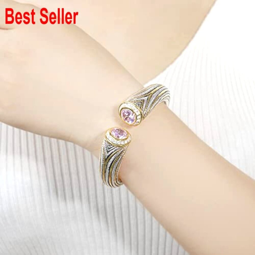 Multi Strand Twisted Wire Cable CZ Cuff Bangle, Spring Open Design - Picture 4 of 6